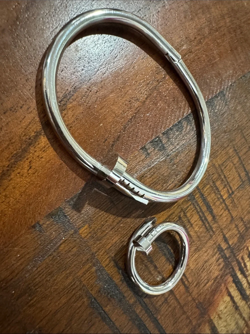 Silver-Tone Screw Motif Cuff Bracelet and Ring Set